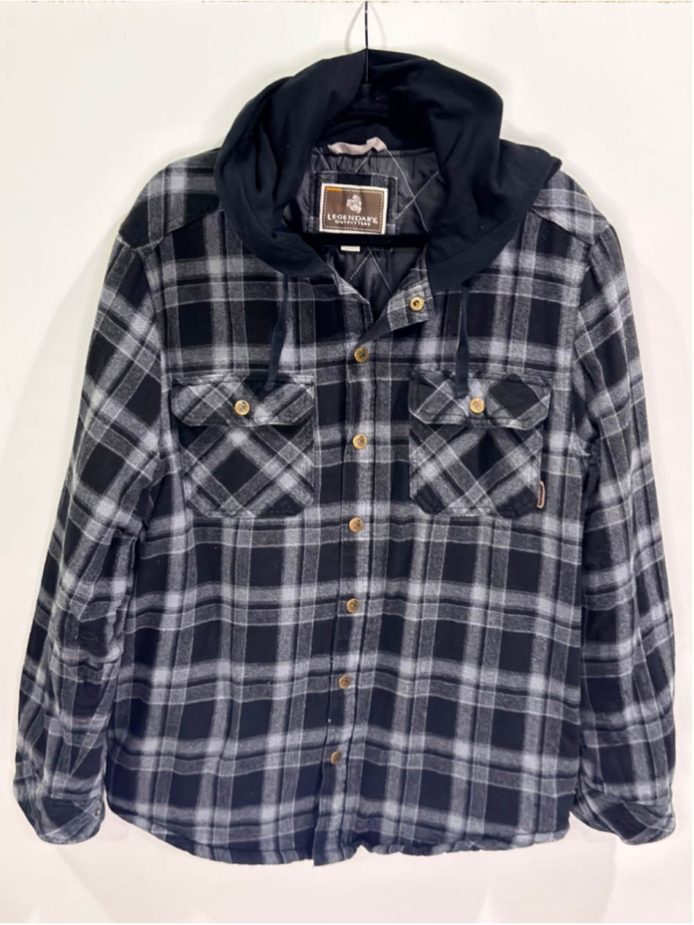 Men’s L Legendary Outfitters Plaid Hooded Shirt Jacket Black Gray